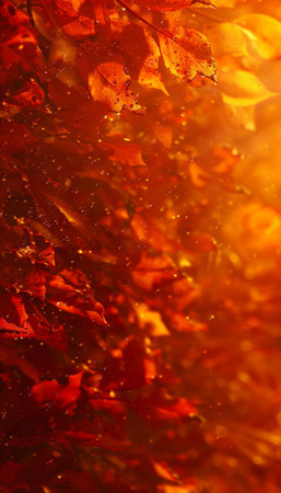 Autumnal orange banner with blurred maple leaves background for seasonal design projectsの素材