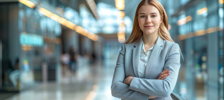 Confident businesswoman standing in office with arms crossed, blurred background, copy spaceの素材