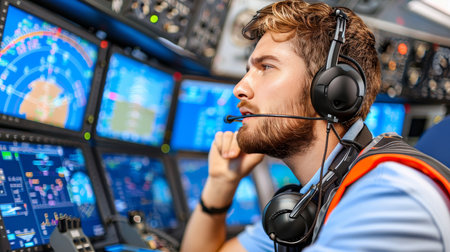 Air traffic controller in tower room on headset with navigation screens and desktop computers.の素材