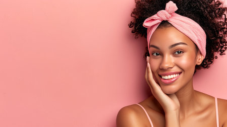 Stylish young african american woman with pink headband and fresh skin on beige pink backgroundの素材