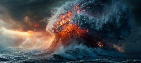 Massive ocean wave with surfer silhouette at sunset, powerful surfing moment in natureの素材