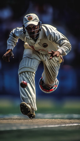 Bowler s cricket technique  run up, release, form, and concentration intricacies in striking detail.の素材