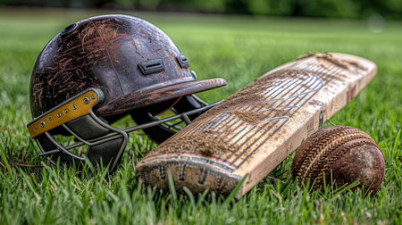 Close up cricket gear display   showcasing textures and craftsmanship of helmets, gloves, and padsの素材