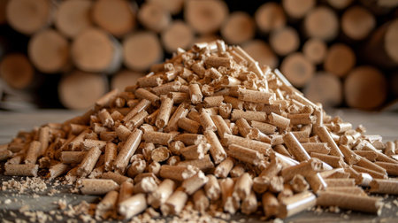 Eco friendly biomass wood pellets stack and pile with copy space on blurred backgroundの素材
