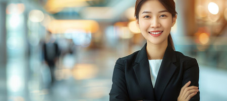 Confident businesswoman in office setting with blurred background and space for textの素材