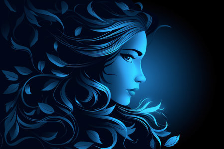 Virgo zodiac sign shining in blue color on black background, vector illustrationの素材