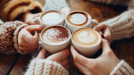 High angle view closeup of people holding coffee latte art with beautiful designs and patternsの素材