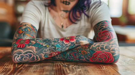 Delicate tattoo trend reflecting freedom and uniqueness on girl s hand, beige background bannerの素材