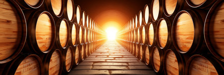 Modern wine cellar with wooden barrels, winery industry background for wine production.の素材