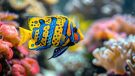Vibrant royal gramma fish swimming among colorful corals in a saltwater aquarium settingの素材