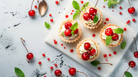 Cherry mini tart on white cutting board with vintage teaspoons, ideal for dessert presentation.の素材