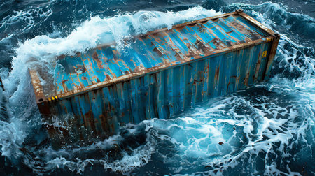 Aerial view of single lost shipping container floating in vibrant blue ocean watersの素材