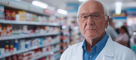 Male pharmacist in modern pharmacy, wearing glasses, blurred background, space for text placement.の素材