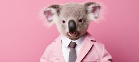 Anthropomorphic koala in business suit working in office, studio shot on plain wall with copy spaceの素材