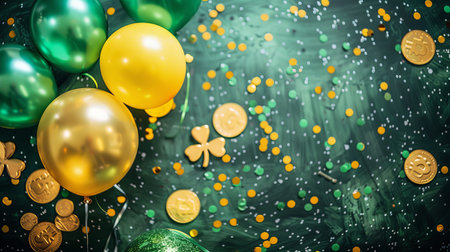 Stpatrick s day festive banner with irish balloons, clover, gold coins on a green background.の素材