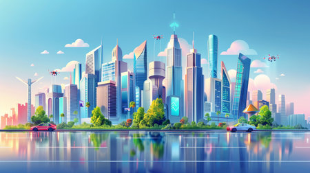 Smart city with tall buildings, advanced transportation, drones, autonomous driving, lush greeneryの素材