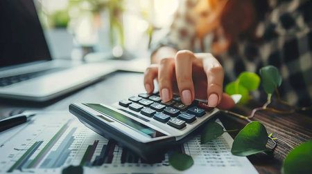 Financial planning  woman using calculator to calculate income tax reduction, budget expensesの素材