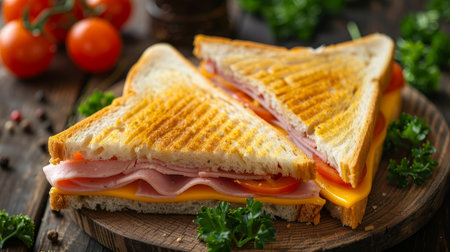 Savory triangle sandwich with ham, cheese, tomato, and fresh salad   a delightful meal combo.の素材