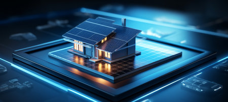 Futuristic smart home 3d model with solar panels for renewable energy concept on blurred backgroundの素材