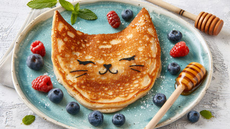 Adorable cat shaped pancake breakfast for kids with berries and honey on white plate, copy spaceの素材