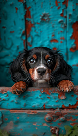 Curious puppy peeking over blue wooden background, paws up, with copy space for text placement.の素材