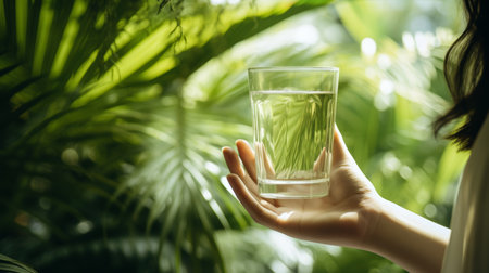 Young woman holding a glass of water with blurred background and copy space for textの素材
