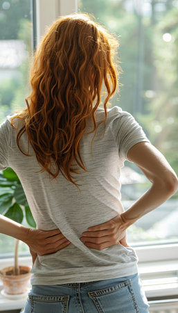 Young woman with severe back pain, space for text, concept of backache and discomfort.の素材