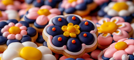 Colorful cookies with vintage quilt pattern icing in blue and pink on multi colored dough backgroundの素材