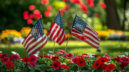 Honoring american veterans on memorial day with american flags at a national cemeteryの素材