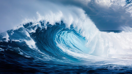 Majestic colossal ocean wave towering against blue sky, side view perspective captured beautifully.の素材