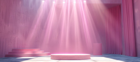 Pink podium on stage with spotlight, white empty platform for product display, abstract backgroundの素材