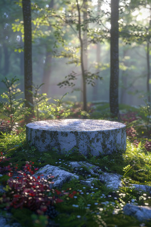 White round podium surrounded by lush vibrant green foliage in a natural outdoor settingの素材