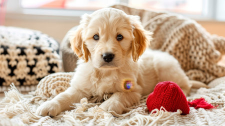 Fluffy white puppy on plush rug with heart toy in cozy room, sunlight through window.の素材