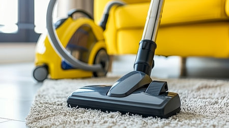 Professional cleaning service worker vacuuming rug in modern apartment for disinfection concept.の素材