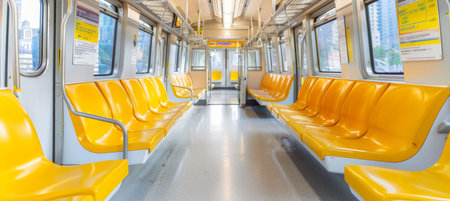 Serene empty interior of a subway car, providing a spacious and quiet commuting experience.の素材