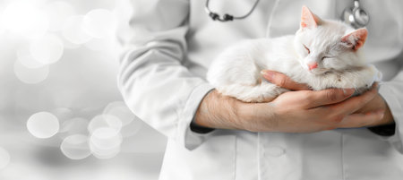 Professional male veterinarian holding a cat in clinical setting with copy spaceの素材