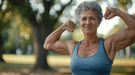 Senior woman flexing biceps on blurred background with copy space, object on right, fitness conceptの素材