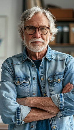Senior businessman standing confidently in office with blurred background, space for textの素材