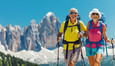 Joyful senior couple with bright smiles hiking together in scenic mountain wildernessの素材