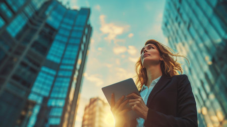 Confident businesswoman in suit holding tablet on blurred background with copy spaceの素材