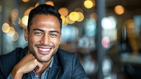 Businessman meeting client in office, blurred background, copy space for text placement.の素材
