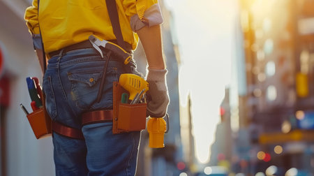 Maintenance worker with tool bag and kit on waist in professional close up shot.の素材