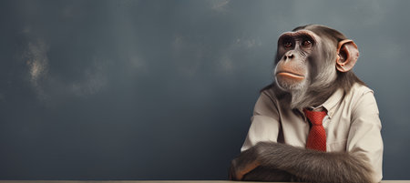 Anthropomorphic fox in business attire working in office, studio shot with space for text overlay.の素材