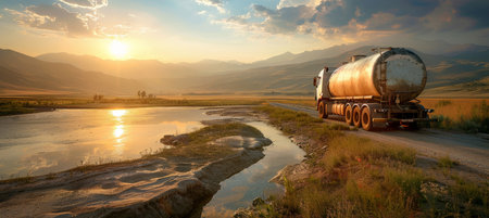 Sunset over rural road with fuel tanker truck moving through picturesque countryside landscape.の素材