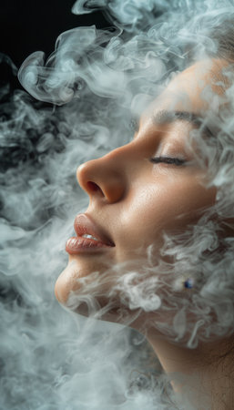 Ethereal smoke as human figure on dark background, abstract body shape in misty atmosphereの素材