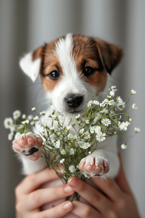 Women s day  delicate puppy holding flowers on a postcard with a message of empowerment and love.の素材