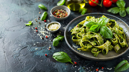 Tagliatelle pasta with pesto and parmesan on wooden table in modern restaurant, dinner menu conceptの素材
