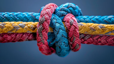 Diverse team strength  unity through colorful network of ropes, partnership, and communicationの素材