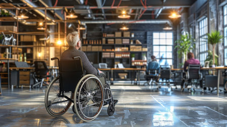Empowered businesswoman smiling and working in office environment with wheelchair accessibilityの素材