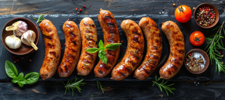 Bbq dinner spread with golden grilled sausages on clean table, realistic food photography styleの素材